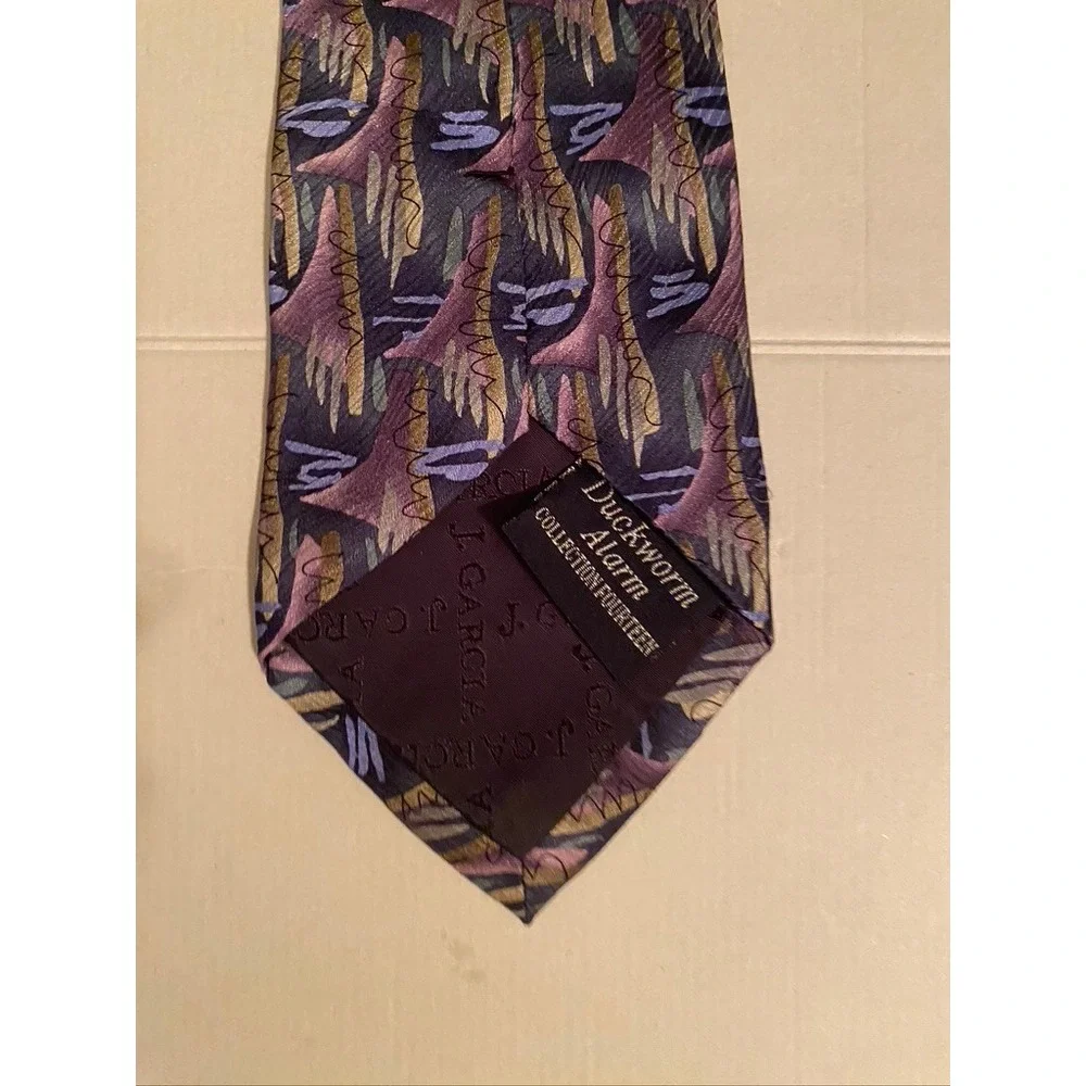 J. Garcia Mens Silk Tie Duckworm Alarm Collection Fourteen Purple Abstract 1996